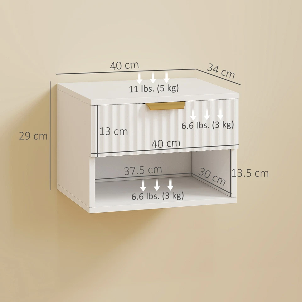 HOMCOM Set 2 Comodini Sospesi con Pannelli Scanalati, Cassetto e Ripiano Bianco - Immagine 4 di 4