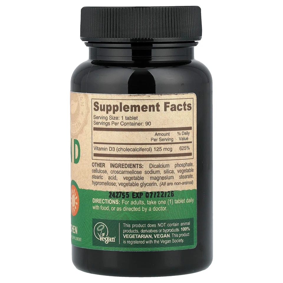 Vitamina D3 vegana, 125 mcg (5.000 UI), 90 comprimidos Foto 2 de 2