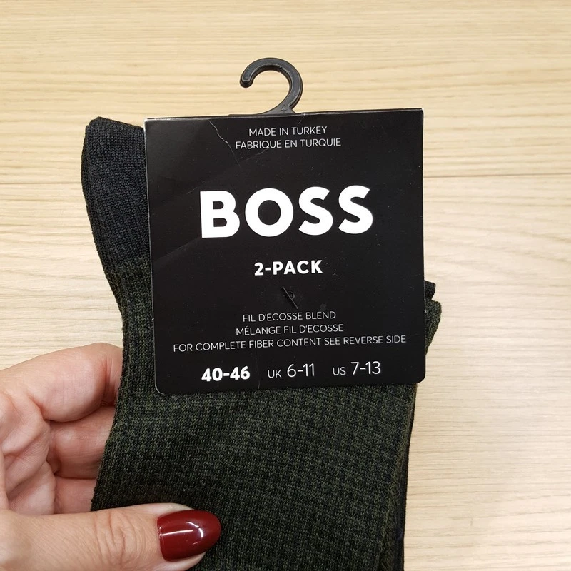 HUGO BOSS Crew Dress Socks Mens 7-13 Gray Green Houndstooth 2-Pack Cotton Logo - Image 3 of 4