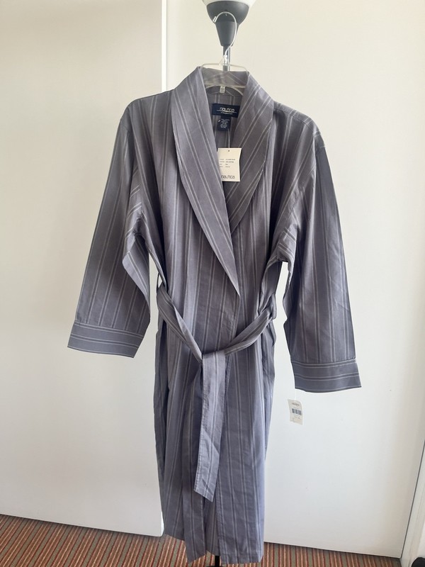 NWT NAUTICA Sleepwear Gray Blue White & Black Stripe Robe 100% Premium Cotton M