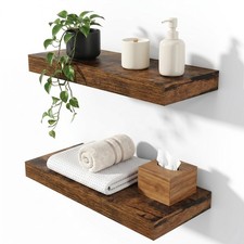 2 PCS 16x8 Inch Rustic Brown Wood Wall Floating Shelves Invisible Brackets