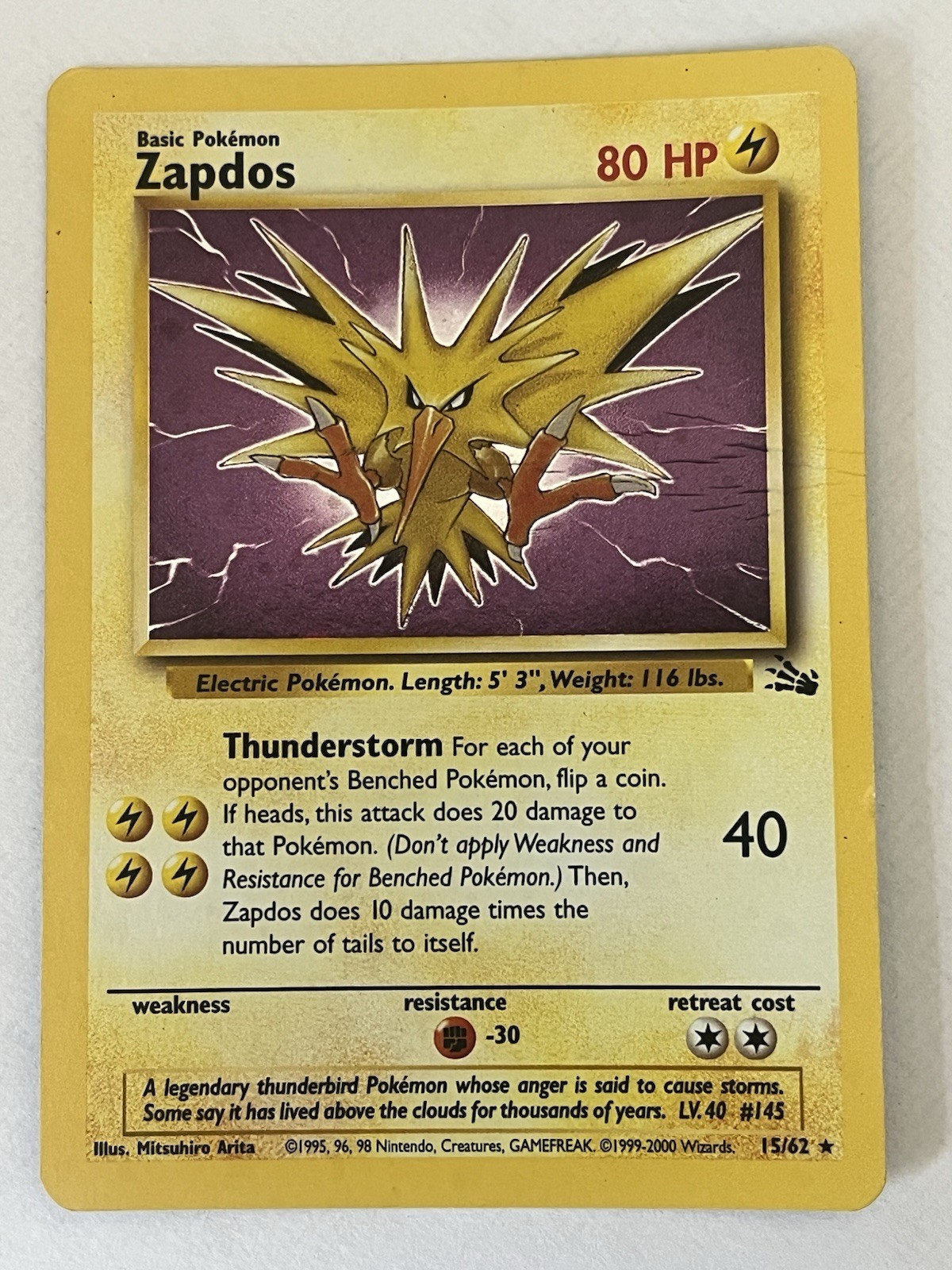 Zapdos 15/62 Fossil Set Rare Holo Vintage Pokemon TCG Card HP