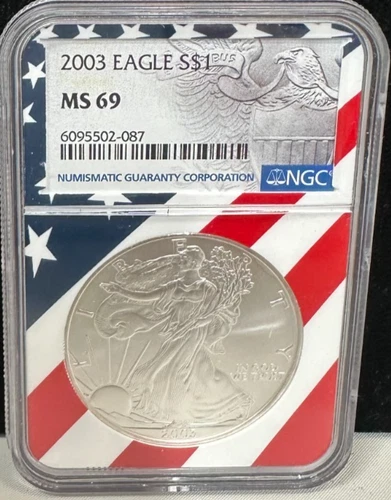 2003 $1 AMERICAN SILVER EAGLE NGC MS69 USA FLAG CORE HOLDER