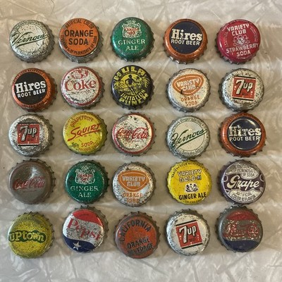 HUGE Lot Of 25 Vintage Soda Pop Bottle Cap Top Lid Caps Hires Coke 7up