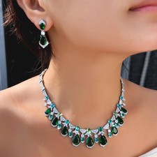 Noble Women Silver Plated Green CZ Crystal Necklace Earrings Wedding Jewelry Set