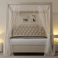 Upholstered canopy bed frame queen size with headboard, button tufted,