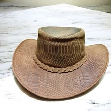 Men's Brown Snakeskin Leather Cowboy Hat, Handmade Faux Python Western Outback