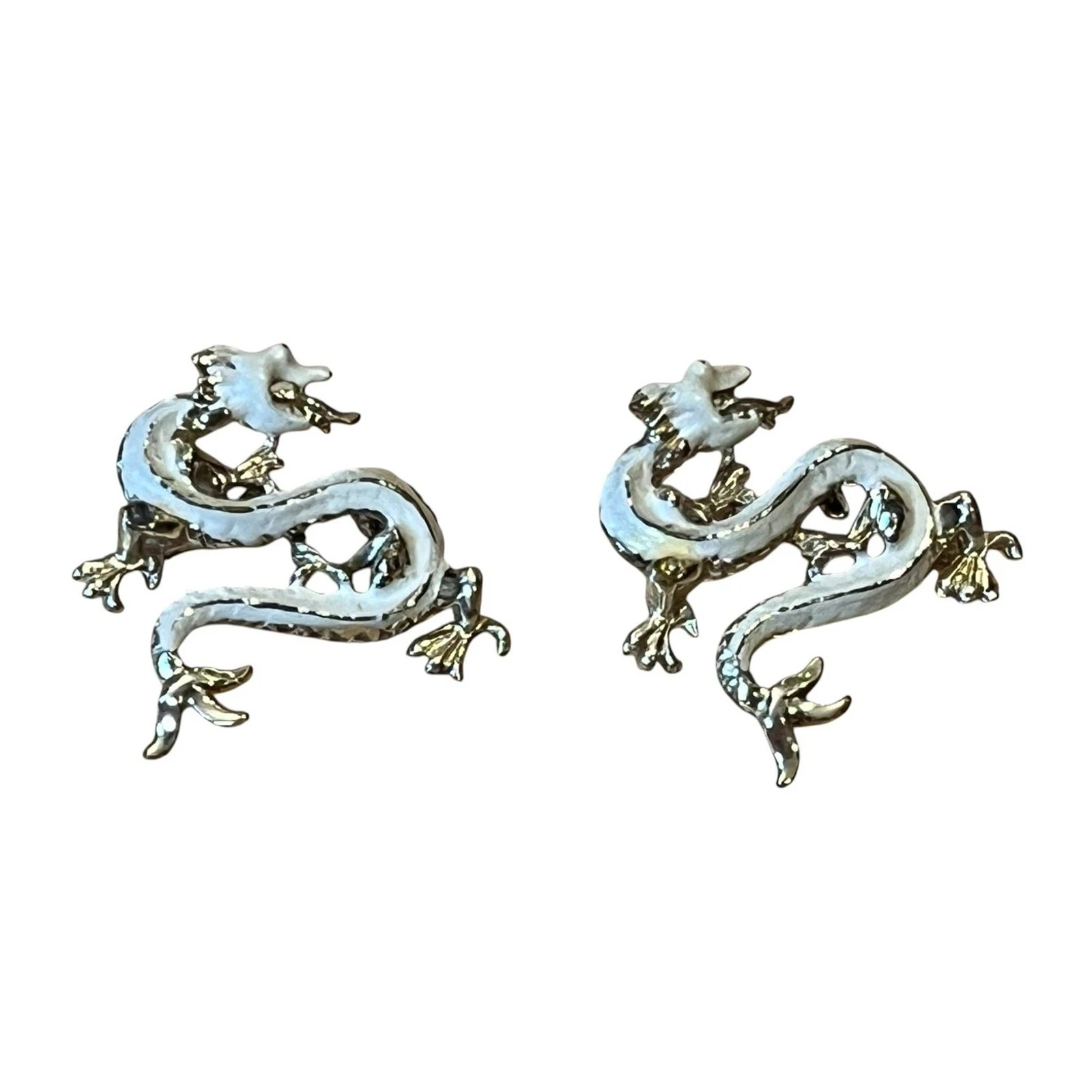 Pair Of 2 Dragon Vintage Brooch Pin Chinese White Enamel On Gold Tone Metal 1”