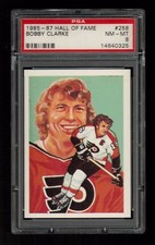 PSA 8 BOBBY CLARKE 1985 Hall of Fame Hockey Card #258 High Number Extension