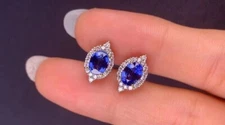 Women's 14k White Gold 2.30Ct Oval Natural Blue Sapphire & Diamond Stud Earrings