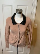 Field Flower Tan Rib Knit Snap Button Cardigan W/ Gray Textured Collar, Size XS