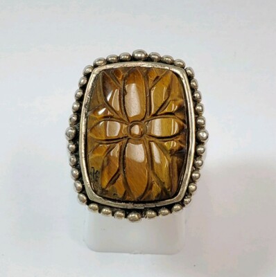 Vintage Sterling Silver Carved Tiger Silver Floral Tigers Eye Carved Ring main image 1