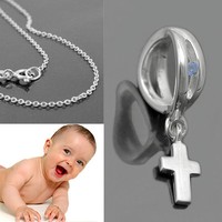 Jungen Zirkonia Infinity Taufring Blau Kreuz AnhäNger + Kette 38 Cm Silber 925