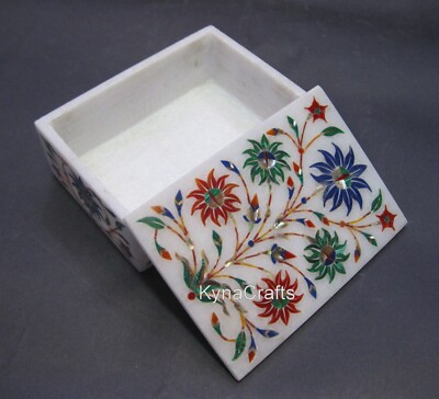 5 x 3.5 Inches Multicolor Stone Inlay Work Trinket Box White Marble Hair Pin Box