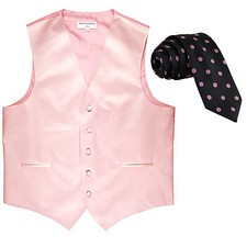 New Men's Formal Vest Tuxedo Waistcoat pink 2.5'' slim black pink dots Necktie