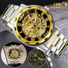 Luxury Men's Gold Skeleton Automatic Mechanical Watch Stainless Steel Waterproof