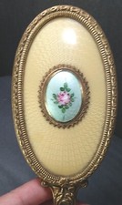 Vintage Hair Brush Vanity metal and wood 11" flower rose ornnate gold/brass tone