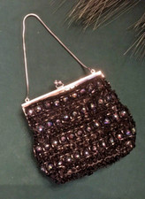 Vintage Hand Beaded Evening Bag Made in Hong Kong Iridescent Black Silver Tone