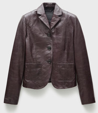 MNG Mango Women's 100% Leather Americana Jacket Pockets Deep Wine Size L NWT