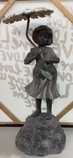 Vintage Indoor Outdoor Bronze Metal Fountain Verdigras Patina  Girl w/Umbrella