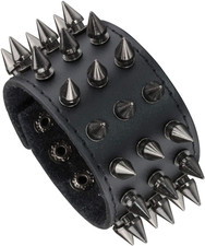 Unisex Black Metal Spike Studded Punk Rock Biker Wide Strap Leather Bracelet ...