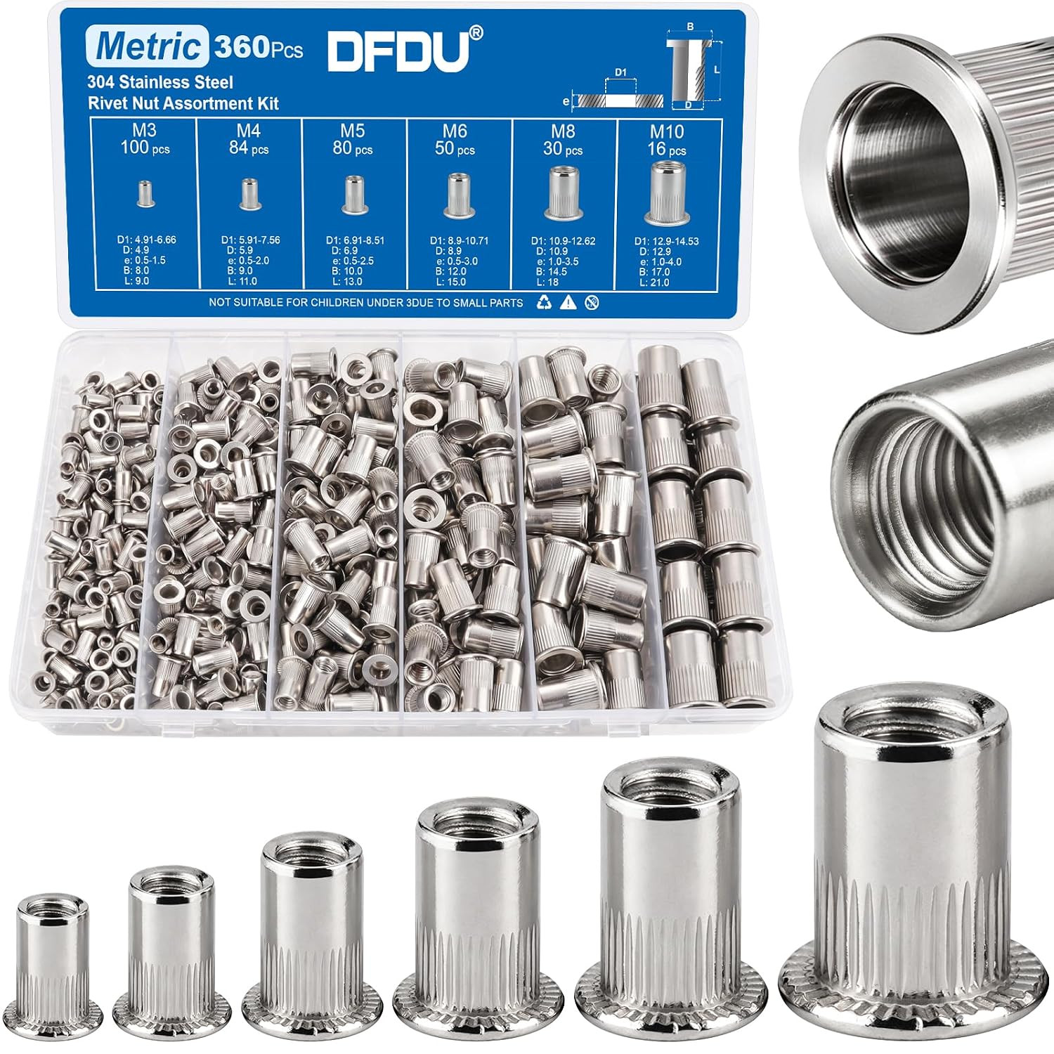 360Pcs Rivet Nut Assortment Kit, Metric Rivnut Set M3 M4 M5 M6 M8 M10 304