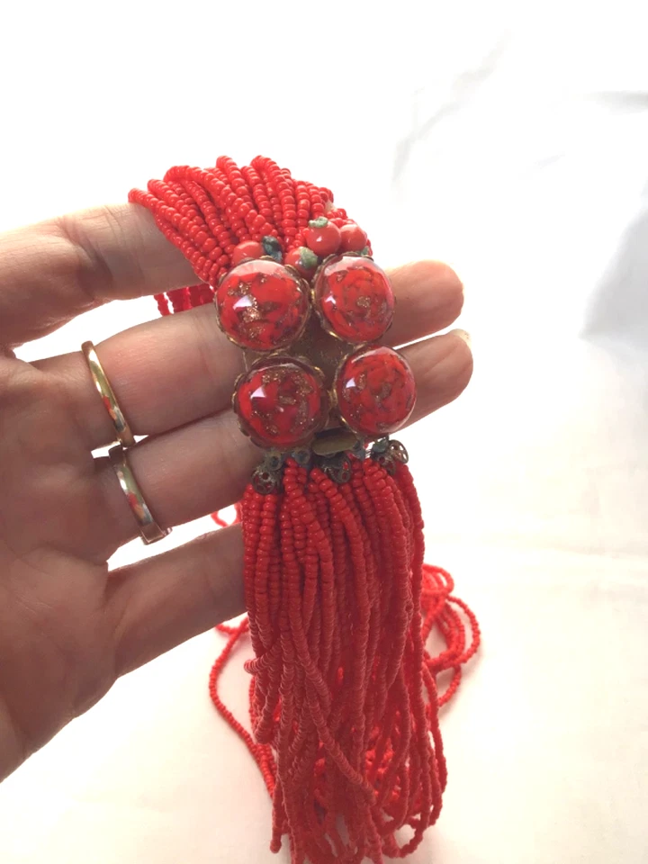 COLLIER VINTAGE PERLE MULTI RANG CHOKER FERMOIR MURANO VERRE CORAIL 1950 - Photo 4/4