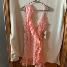 Emerald Sundae XL Pink Floral Wrap Dress, Ruffle, Tie, Sleeveless, Chiffon