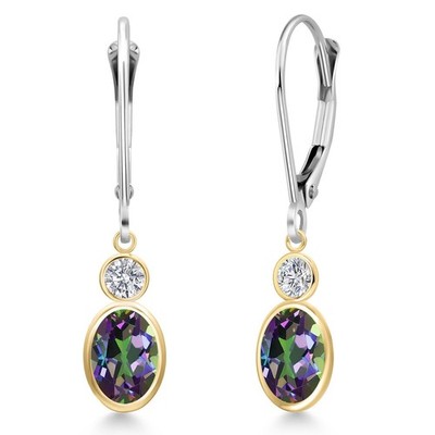 14K Two Tone Gold Green Mystic Topaz and Lab Grown Diamond Dangle Earrings for