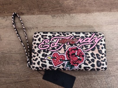 Women's Ed Hardy Leopard Print Rose Heart Wristlet Clutch One Size