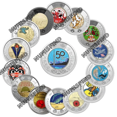 Canada Complete $2 Colored Toonie 15 Coin Set 2017-2026 Glow In Dark CN Tower