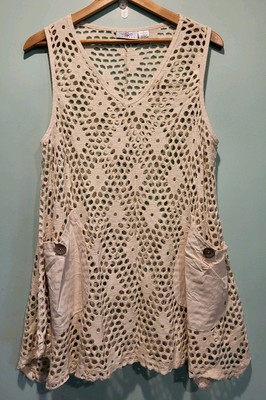 Beige Open Knit Sleeveless A-line Tunic Top Pockets Sz L  Lagenlook Boho Hippie