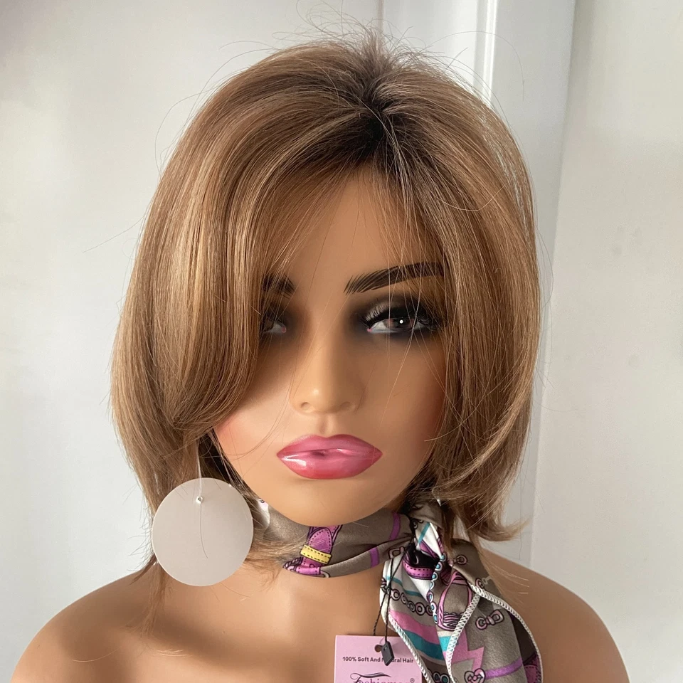 Perucas femininas de cabelo sintético penteado bob mix marrom acastanhado claro macio natural - Imagem 4 de 4