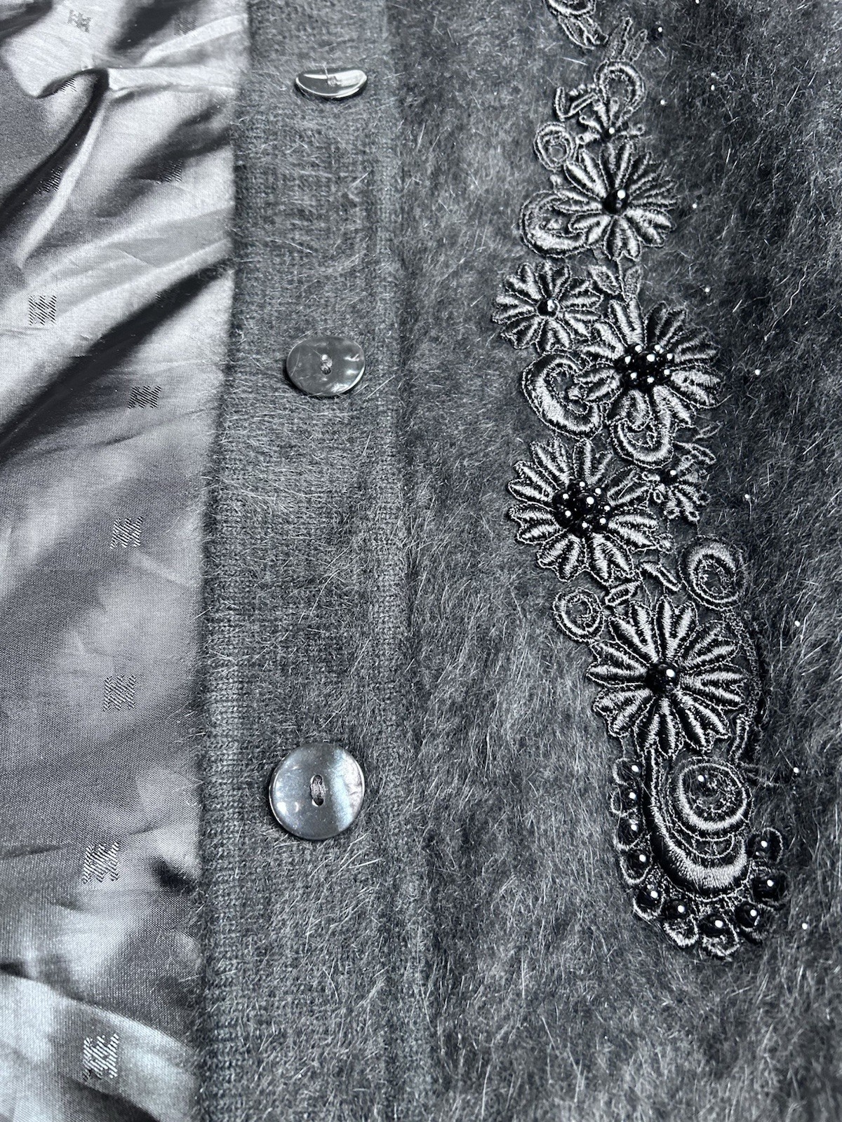 Lee Sands Angora Rabbit Open Front Sweater 80s Vintage, Size L, Black Lagenlook thumbnail 6