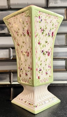 Vase Pedestal Laura Ashley FTD Chintz Floral Pastel Ceramic Square 9'' Vintage 
