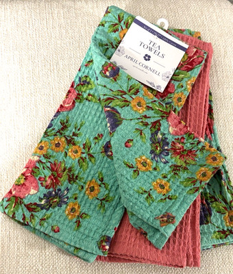 APRIL CORNELL Set of 3 Dish / Tea Towels Cottage Rose Pattern Waffle Weave - NWT