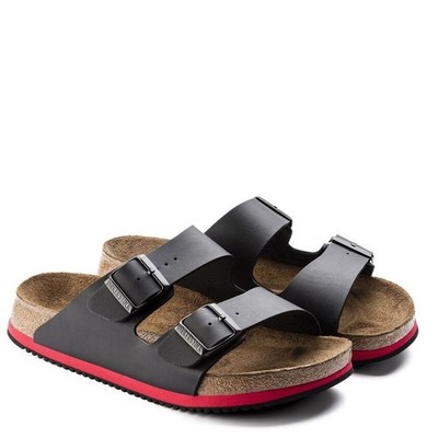 BIRKENSTOCK ARIZONA SL BLACK/RED REGULAR/WIDE WIDTH SUPER GRIP SLIDE SANDALS OCC