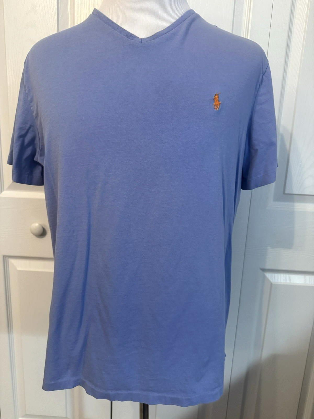 PONY Polo Ralph Lauren maglietta uomo manica corta scollo a V XL blu con frangia arancione