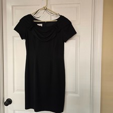 Talbots Black Dress Cap Sleeves Pleated Neckline w/Bow Accents Fully Lined Sz 8