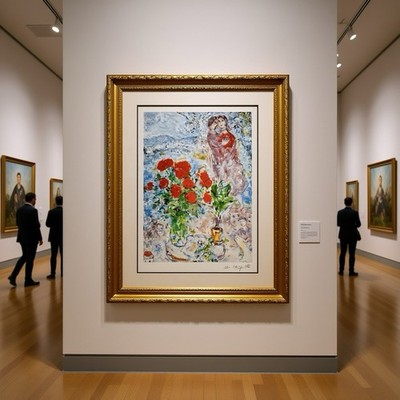 MARC CHAGALL RED BOUQUET WITH LOVERS 500 ARABIC, 500 ROMANS W/ COA (41/500)