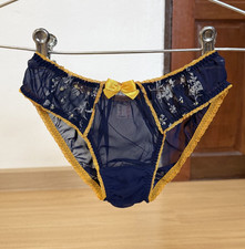 Vintage Silky Navy Polyester Panty Sheer Sissy Bikini Floral Print Brief Sz.6/M
