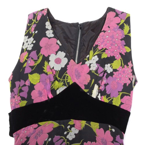 Vtg 60s Pink Purple Chiffon Black Velvet Panal Sleeveless Maxi Dress XS/XXS /932 - Picture 2 of 7