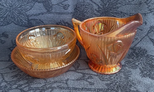 Vintage Jeanette Glass Iris Herringbone Marigold Carnival Glass Lot Of 3