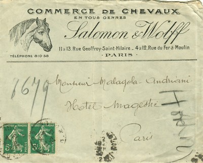 1321-PARIS, HORSE TRADE- SOLOMON & WOLFF, ADVERTISING ENVELOPE, 1913
