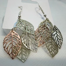 Tri Metal Tone Filligree Leaves Dangle Earrings 2.5 Inches