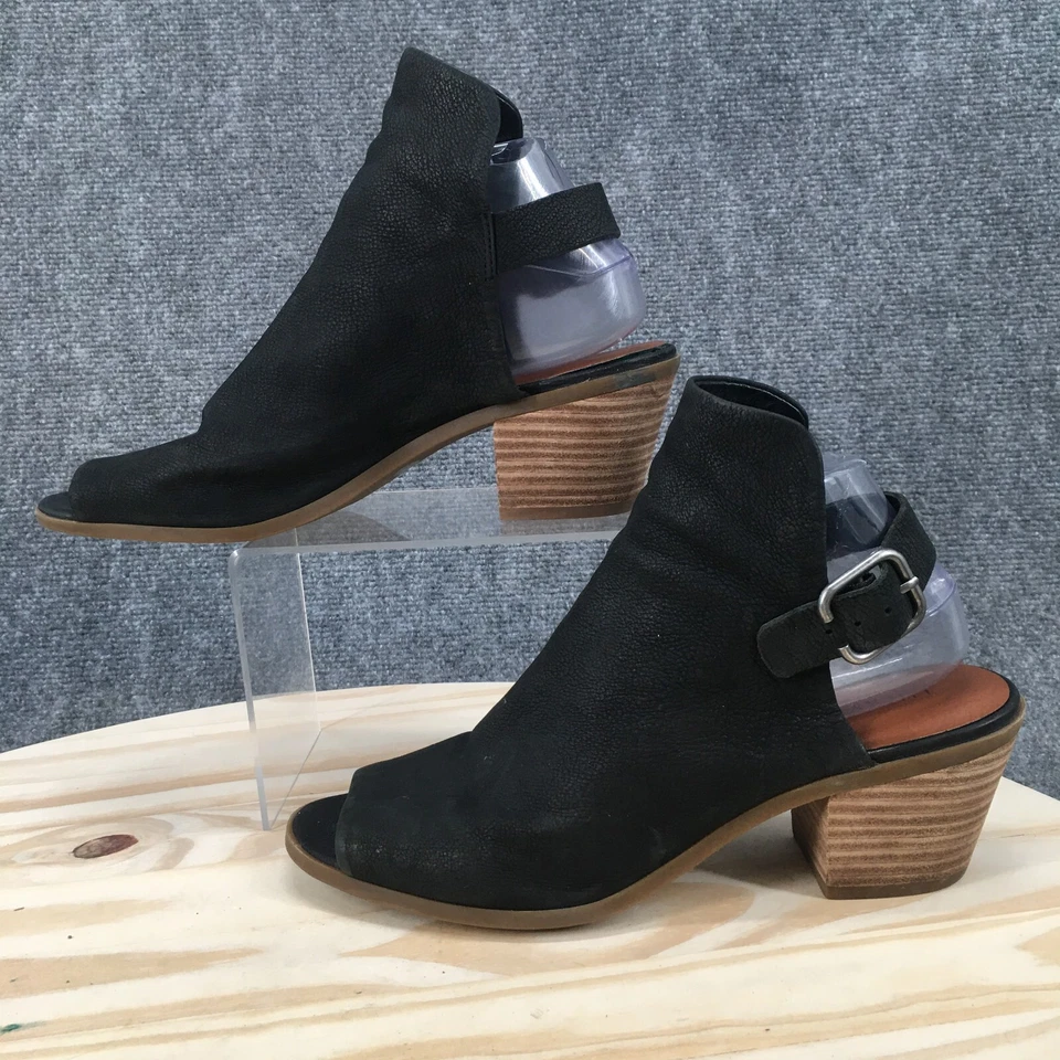 Lucky Brand Sandals Womens 8.5 B Slingback Peep Toe Block Heels Black Leather - Image 2 of 4
