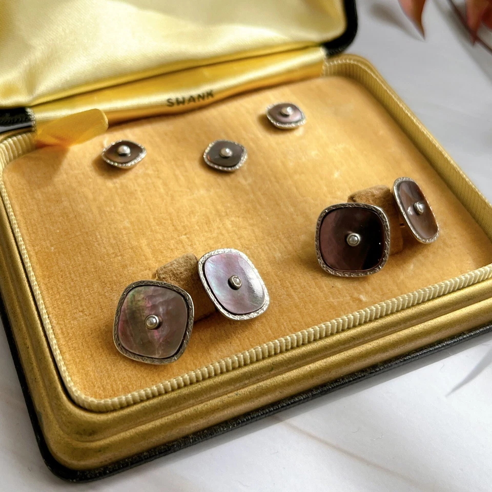 Art Deco Swank Gold-Plate, Abalone Shell, and Pearl Cufflinks With Original Box - Image 2 of 4