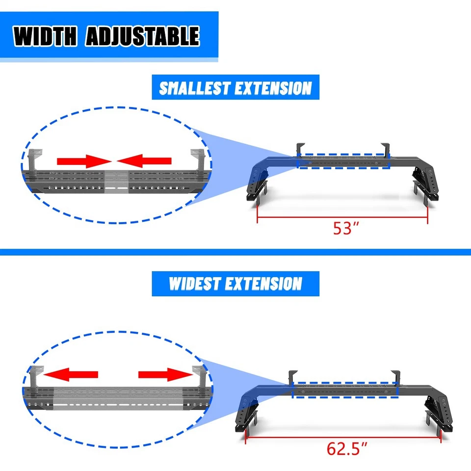 Universal Mid-Size Adjustable Roll Bar Bed Rack For Ford/Chevy/Toyota/Ram/GMC - Imagem 3 de 4