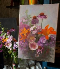 14x20 Original Oil Canvas Painting: June flowers, Floral Realist Art by A. Tonu