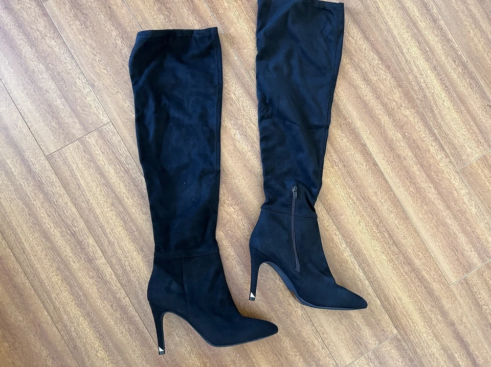 Call It Spring Women Over The Knee Black Vegan Suede Boots Pointed Toe Side Zip - Image 2 of 4